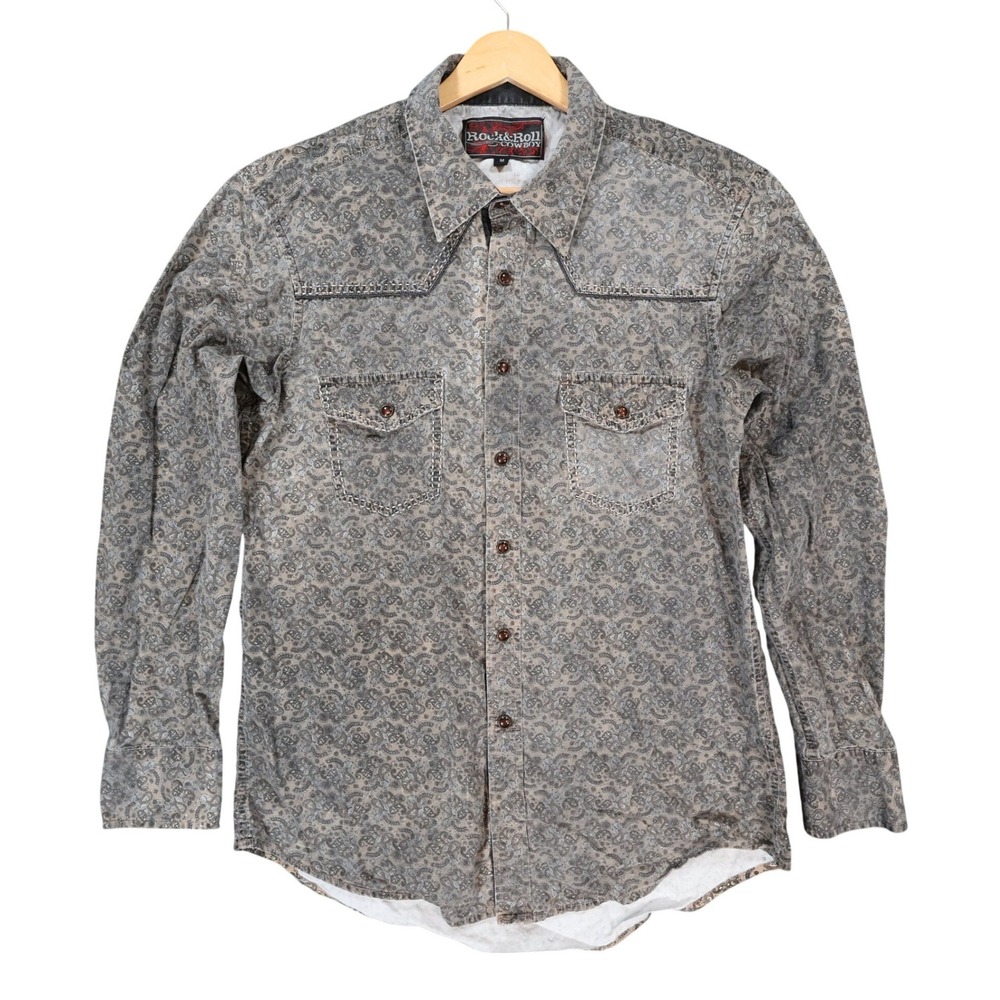 Rock & Roll Cowboy Button Up Mens M Grey Excellent Paisley Western Shirt